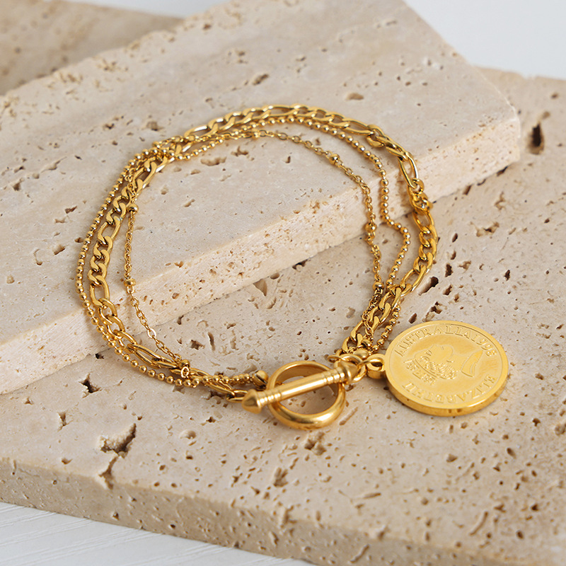 Fashionable Retro Men Round Pendant OT Buckle Bracelet 18K PVD Gold Plated Titanium Steel Jewelry for Women - Image 3