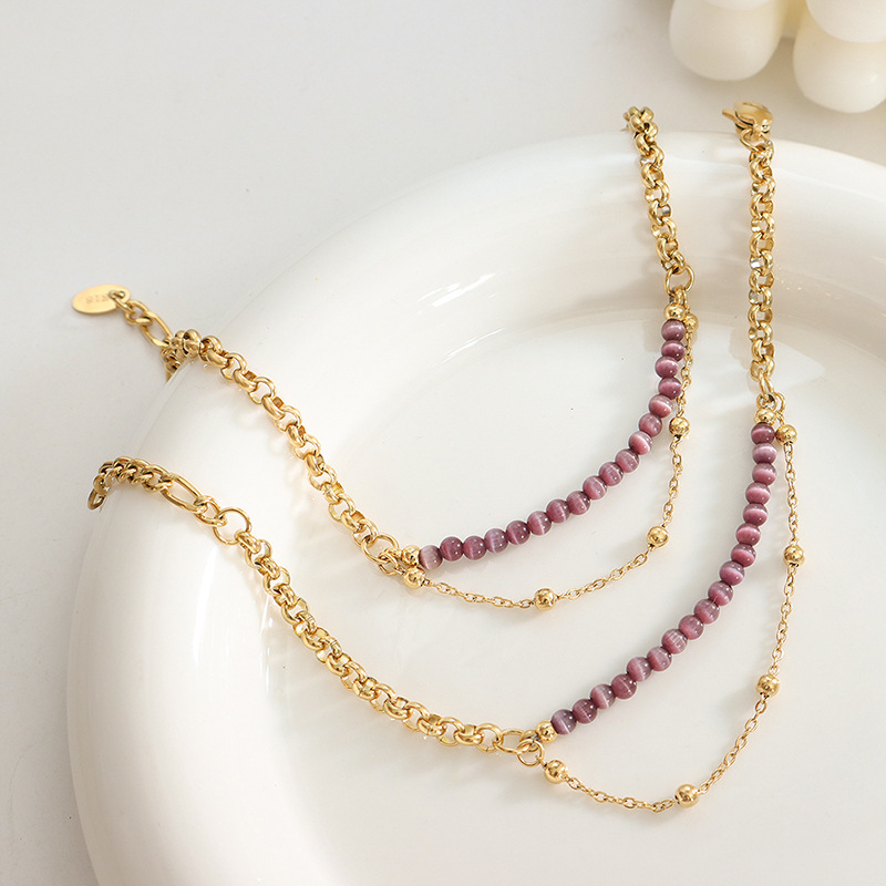 Trendy Casual Cat Eye Stone Double-Layer Chain Bracelet 18K PVD Gold Plated Titanium Steel Jewelry - Image 3