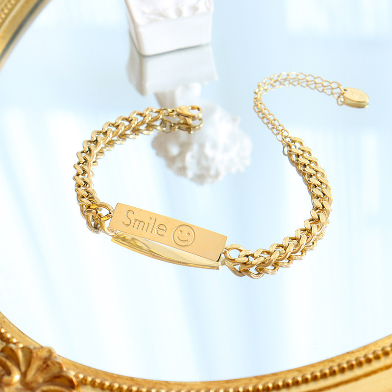 Hip Hop Style Square Plate Pendant Chunky Chain Bracelet 18K PVD Gold Plated Titanium Steel Smile Face - Image 3