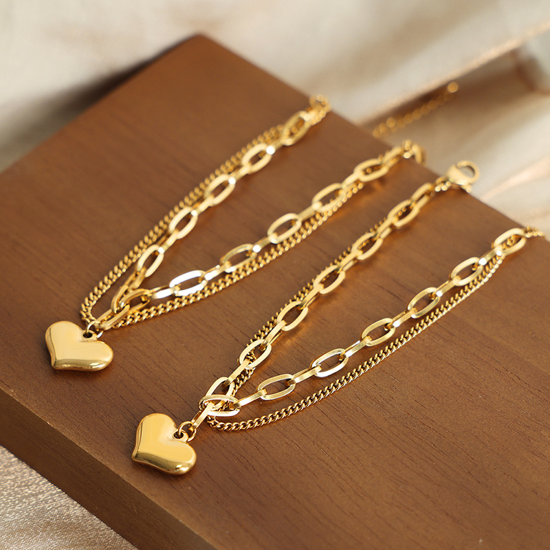 European Style Double-Layer Heart Pendant Bracelet 18K PVD Gold Plated Titanium Steel Jewelry for Women - Image 3