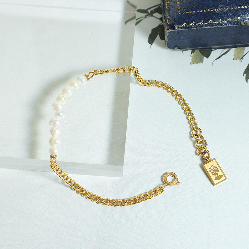 Simple Friendship Bracelet for Women Titanium Steel Gold Plated Freshwater Pearl Bead Vintage Non-Fading Jewelry - Image 2