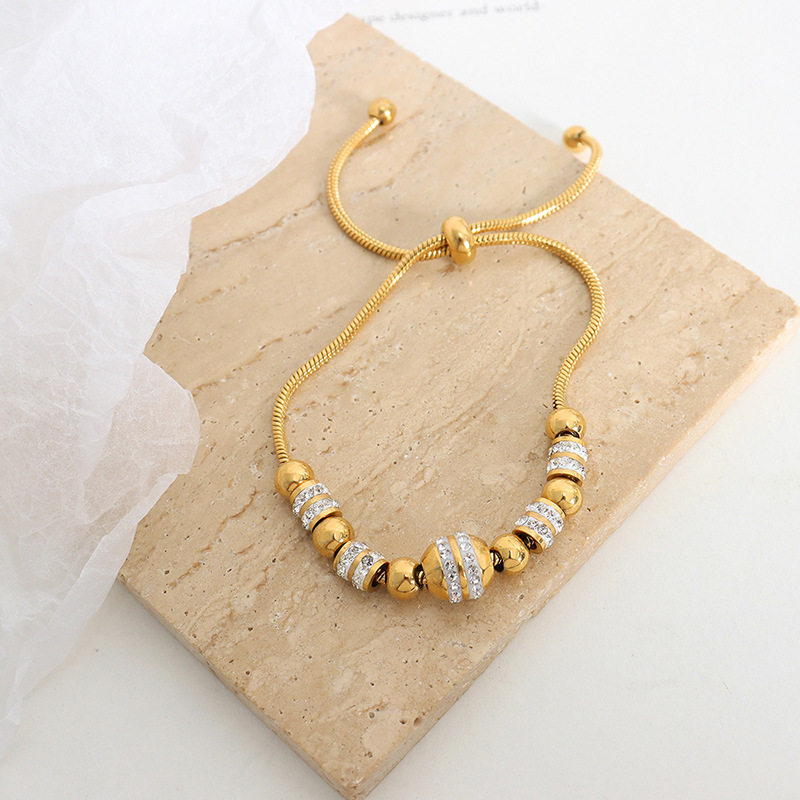 Luxe Non-Fading European Bracelet Blogger Style Titanium Steel Gold Plated Zircon Bead Bracelet - Image 2