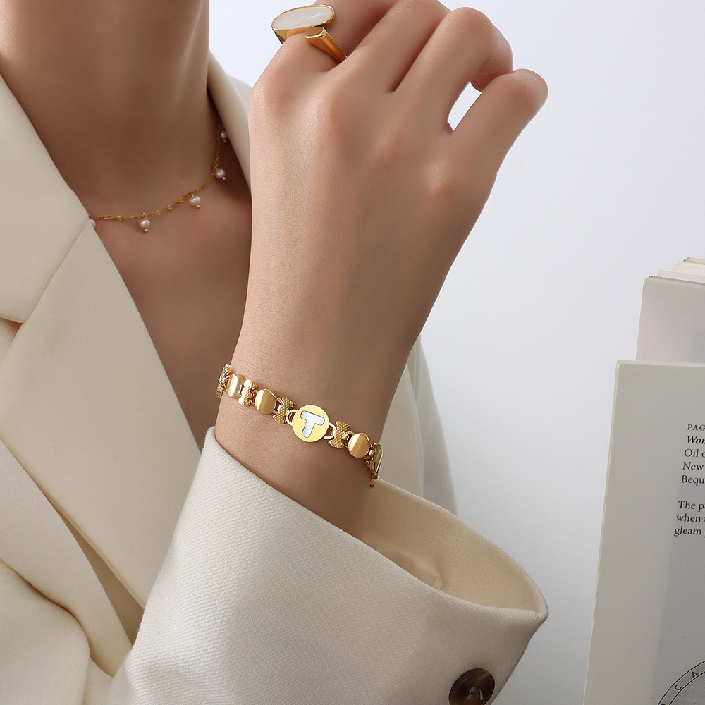 European INS Style Chunky Geometric White Shell Heart Bracelet 18K Gold Plated Titanium Steel Jewelry for Women - Image 3
