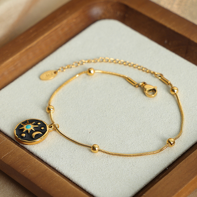 European Retro Fashion Sun Moon Myth Enamel Color Glaze Titanium Steel Gold Plated Pendant Bracelet - Image 3