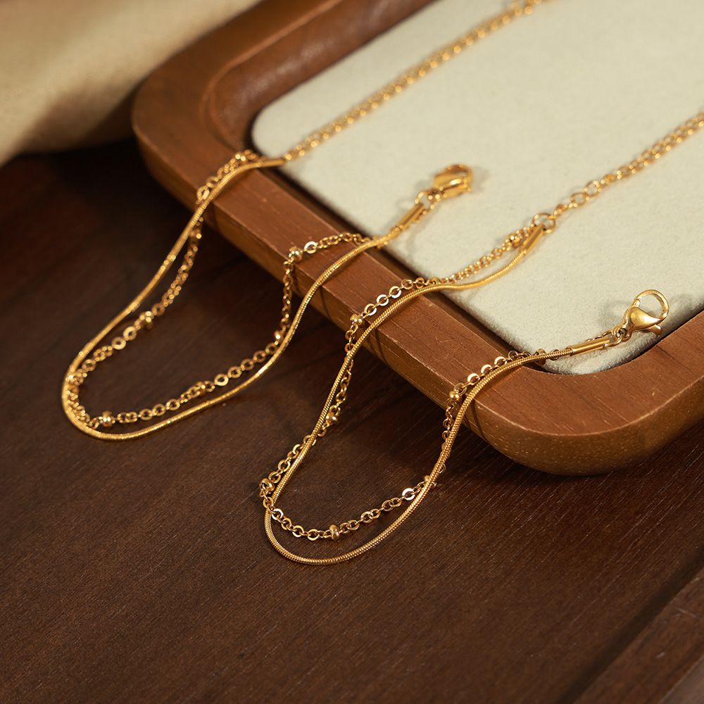 Simple Ins Style Design Titanium Steel 18K PVD Gold Plated Lobster Clasp Double Layer Bracelet Wholesale - Image 3