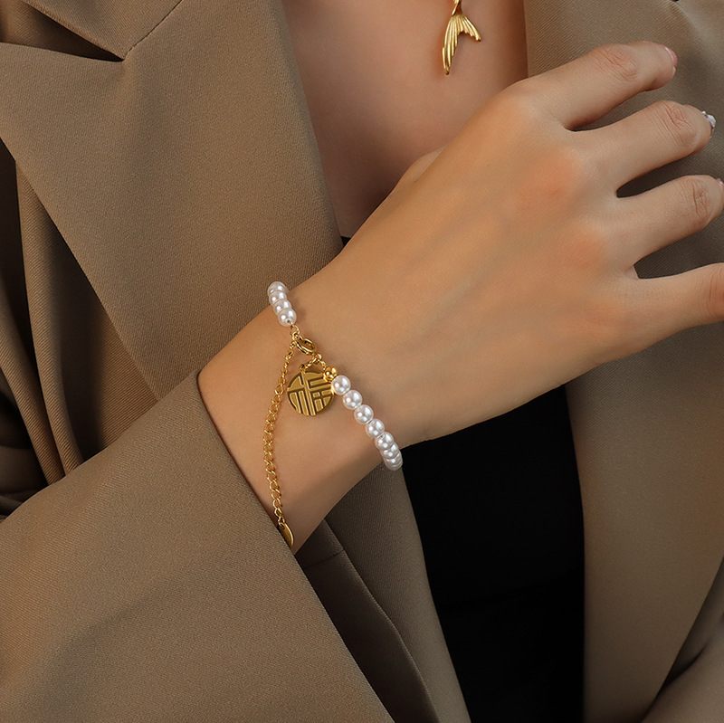 Chinese Style Fortune Character Imitation Pearl Bracelet Friendship Titanium Steel 18K PVD Gold Plated - Image 3