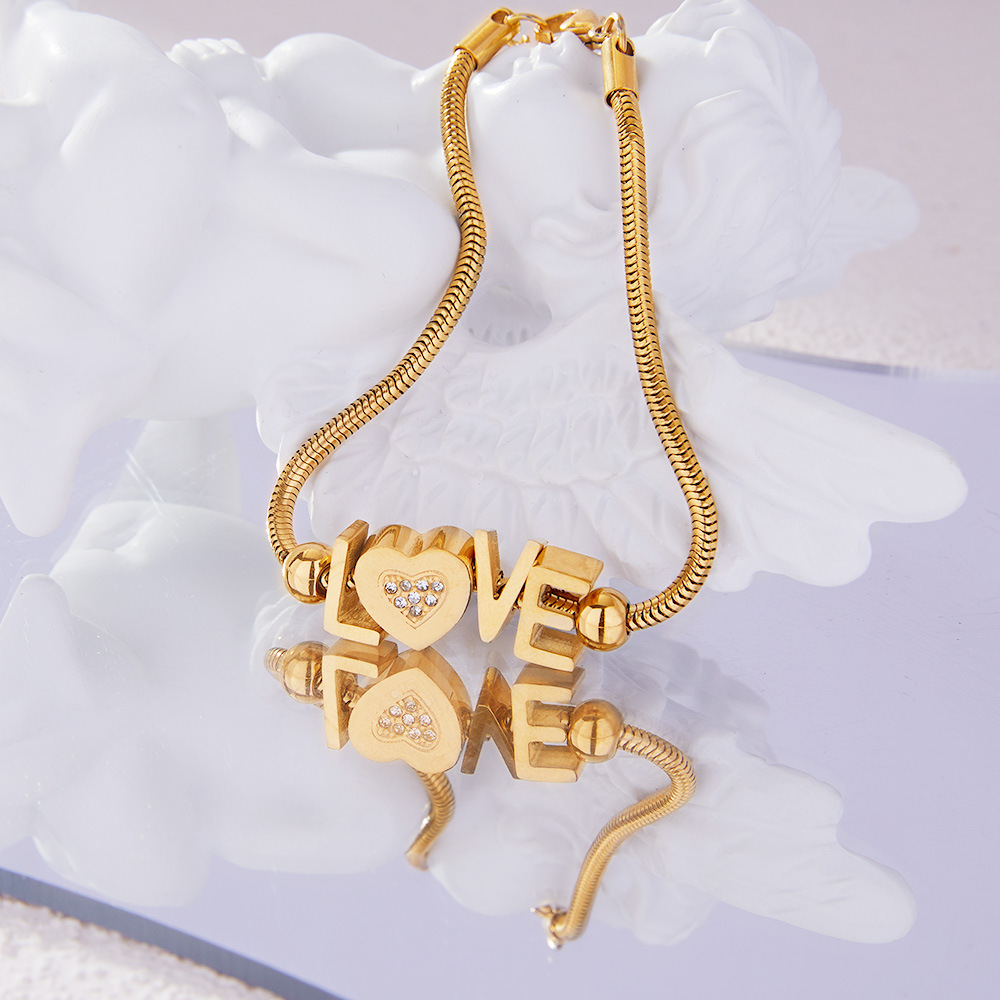 Golden Letter LOVE Zircon Titanium Steel 18K PVD Gold Plated Elegant Bracelet for Girlfriend - Image 2