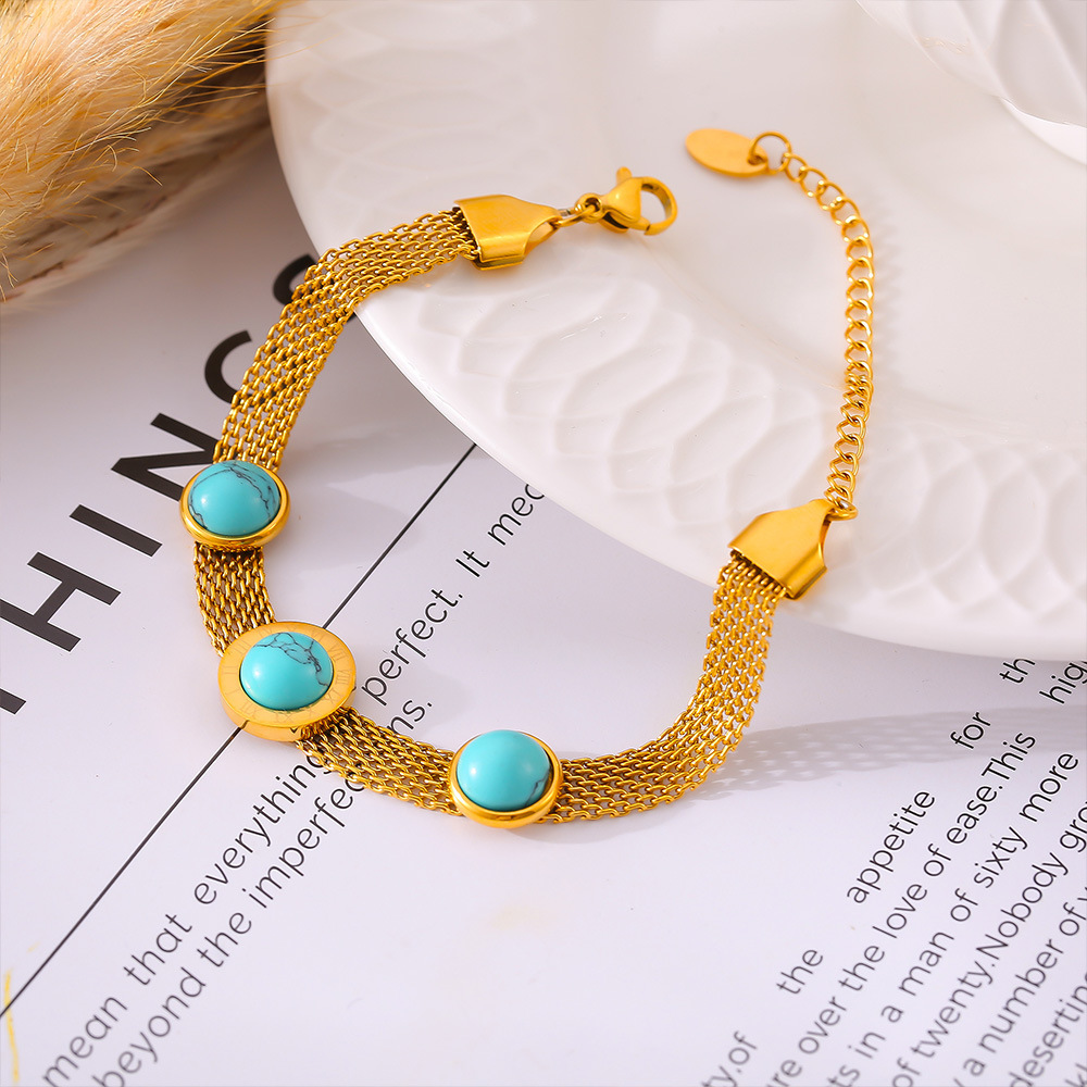 European Style Wide Mesh Round Turquoise Bracelet Vintage Design Titanium Steel 18K PVD Gold Plated Jewelry - Image 3