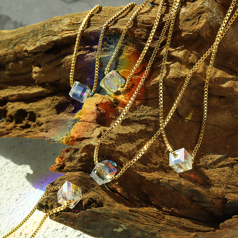 European Ins Glass Crystal Pendant Necklace Trendy Stylish 18K PVD Gold Plated Stainless Steel Box Chain - Image 2
