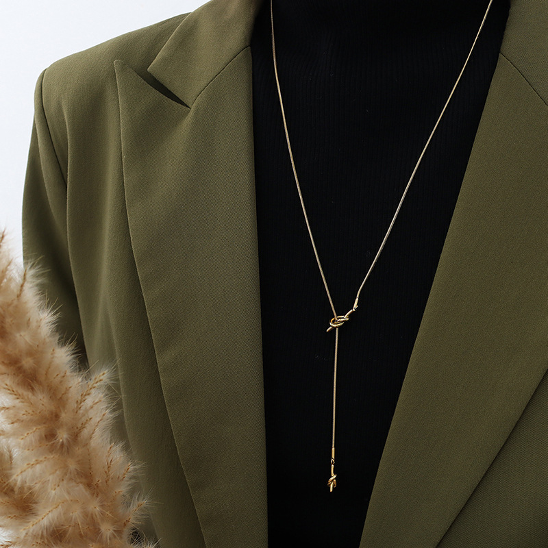 Korean Ins Fashion Fall Winter Long Heart Knot Sweater Chain Adjustable Length 18K PVD Gold Plated Necklace for Women - Image 4