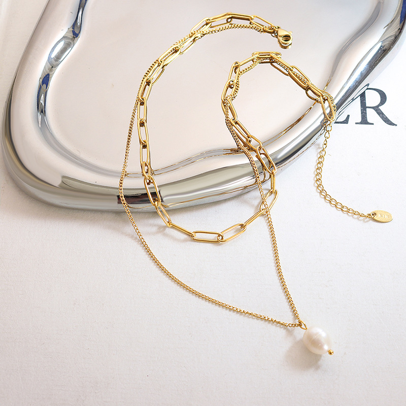 European Ins Trendy Minimalist Freshwater Pearl Pendant Multi-Layered Necklace 18K PVD Gold Plated Choker Necklace for Women - Image 3