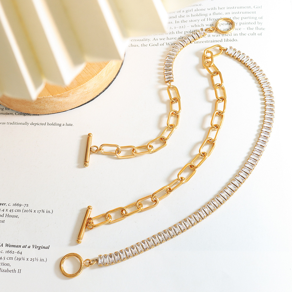 European Minimalist Trendy Bold Chain OT Buckle Zircon Necklace Hip-Hop Non-Fading Bracelet Jewelry Set - Image 3