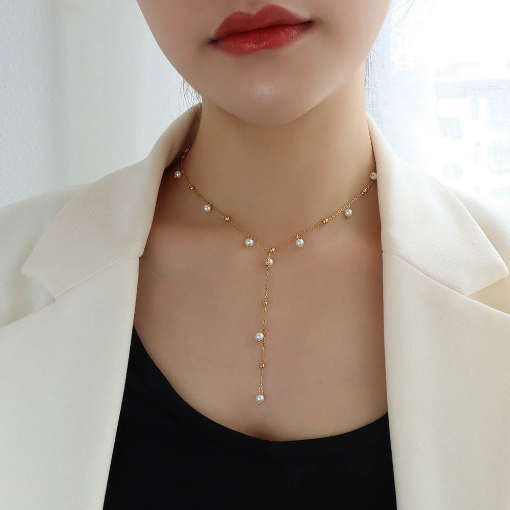 French Style Imitation Baroque Pearl Necklace 18K PVD Gold Plated Y-Shape Pendant Tassel Necklace - Image 3