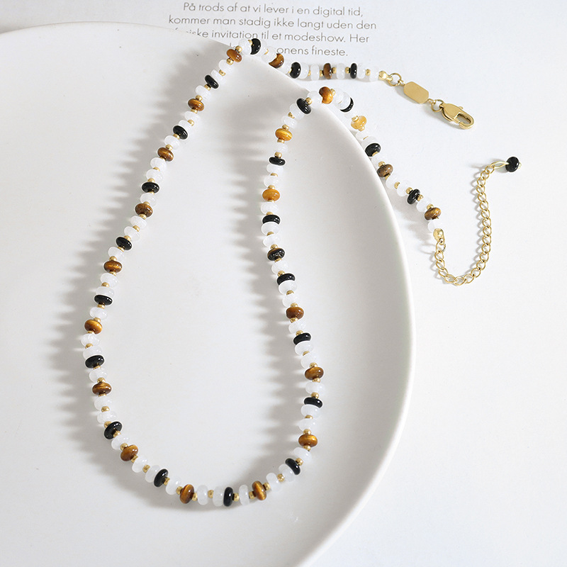 Simple Natural White Jade Tiger Eye Stone Handmade Beaded Black Onyx Material Necklace for Women - Image 3