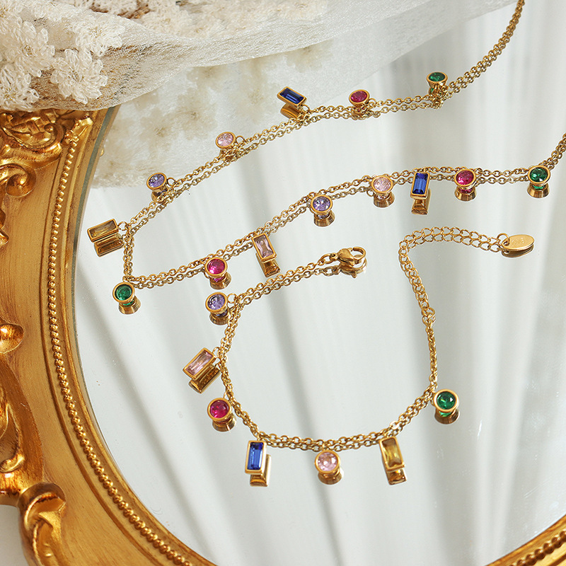Non-Fading Ins Style Multi-Colored Zircon Jewelry Set with Tassel Necklace 18K PVD Gold Plated Bracelet - Image 3