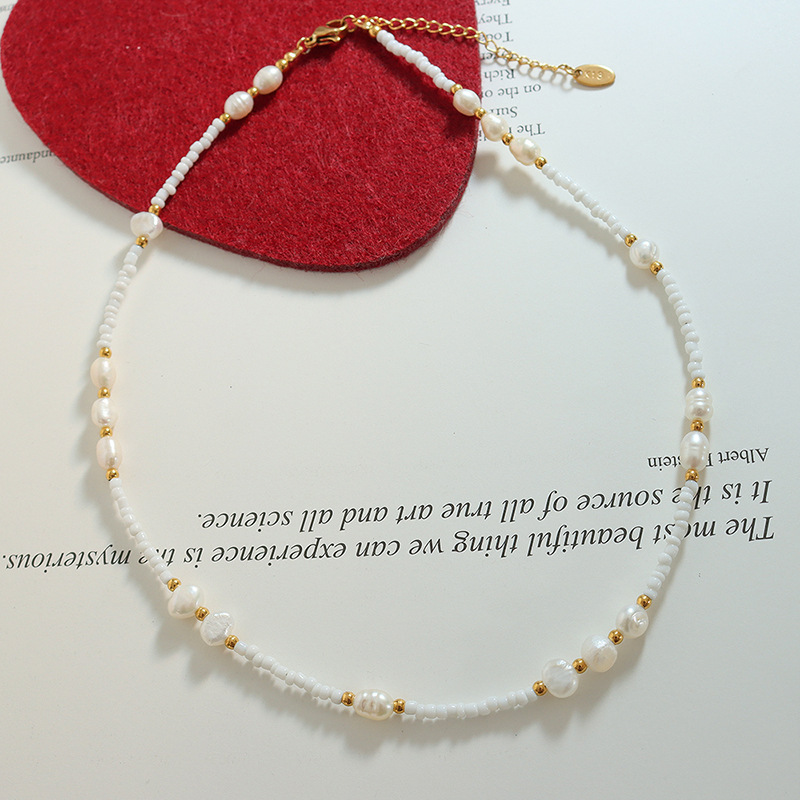Delicate Aesthetic Non-Fading French Vintage Glass Bead Freshwater Pearl Pendant Necklace 18K PVD Gold Plated Beaded Jewelry - Image 3