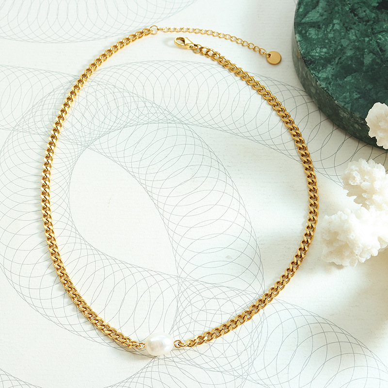 European Trendy Beaded Design Freshwater Pearl Natural Stones 18K PVD Gold Plated Necklace for Women - Image 3
