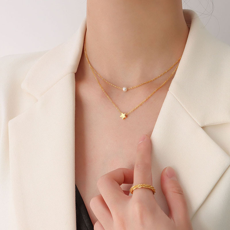 European Ins Style Jewelry Star Pendant Imitation Pearl Double-Layered Necklace 18K PVD Gold Plated Choker for Women - Image 3