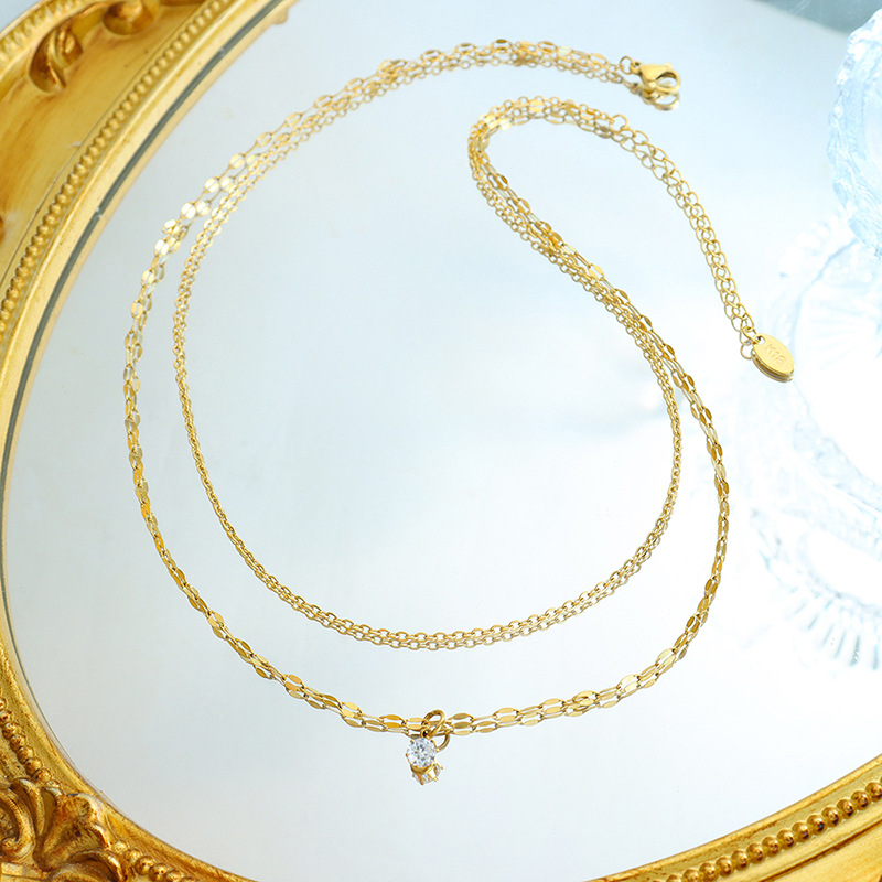 Korean Ins Style Simple Small Necklace Double-Layered Design Zircon Chain 18K PVD Gold Plated Choker Necklace for Women - Image 5