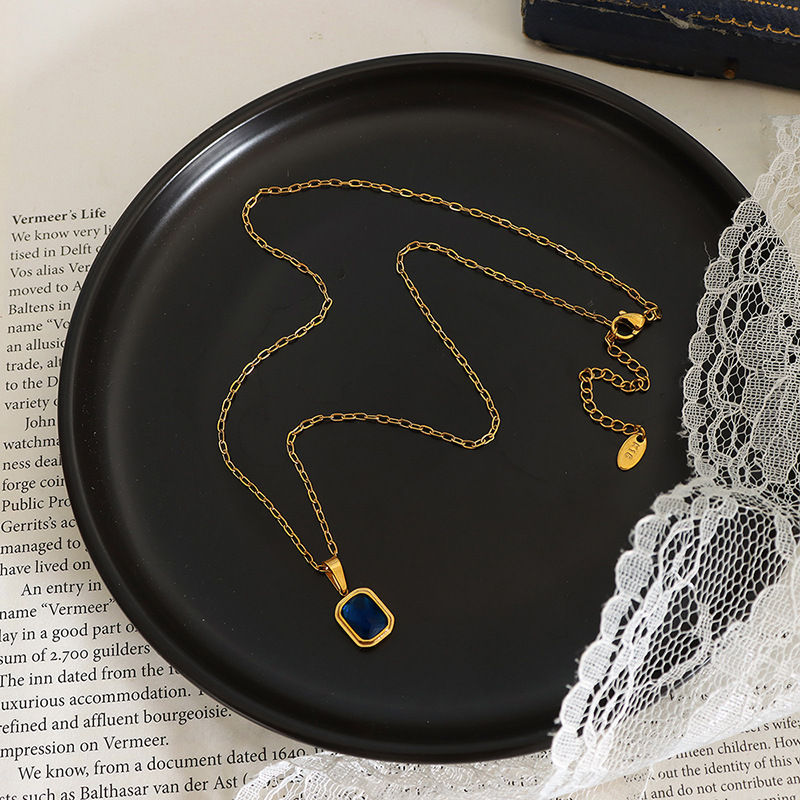 European Titanium Steel 18K PVD Gold Plated Blue Crystal Pendant Necklace Handmade Choker Necklace for Women - Image 3
