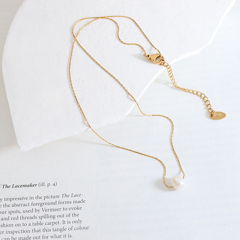 French Minimalist Delicate Necklace Freshwater Pearl Pendant 18K PVD Gold Plated Choker for Women - Image 3