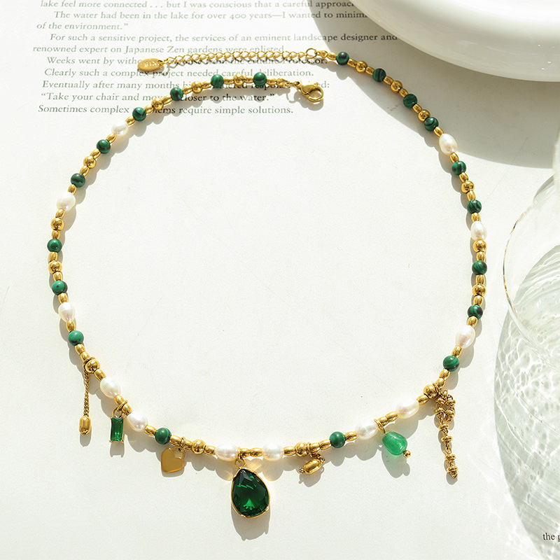 European Court Style Non-Fading Elegant Freshwater Pearl Zircon Turquoise Stone Pendant Necklace 18K PVD Gold Plated Jewelry - Image 3