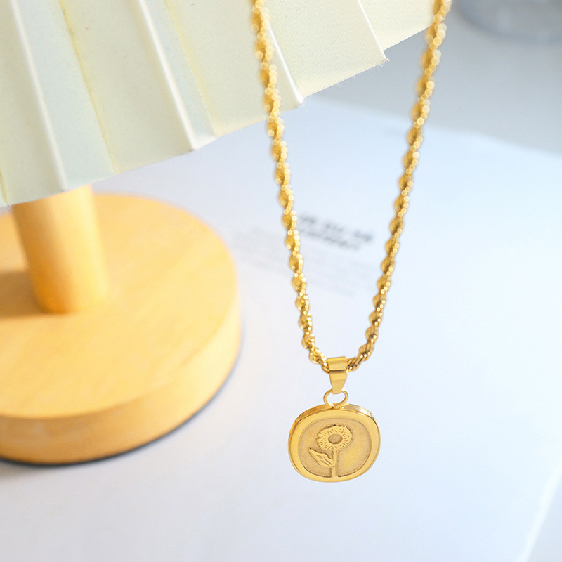 Rose Flower Square Plaque Chain Twisted Long Necklace Titanium Steel 18K PVD Gold Plated Unisex French Aesthetic Jewelry - Image 3