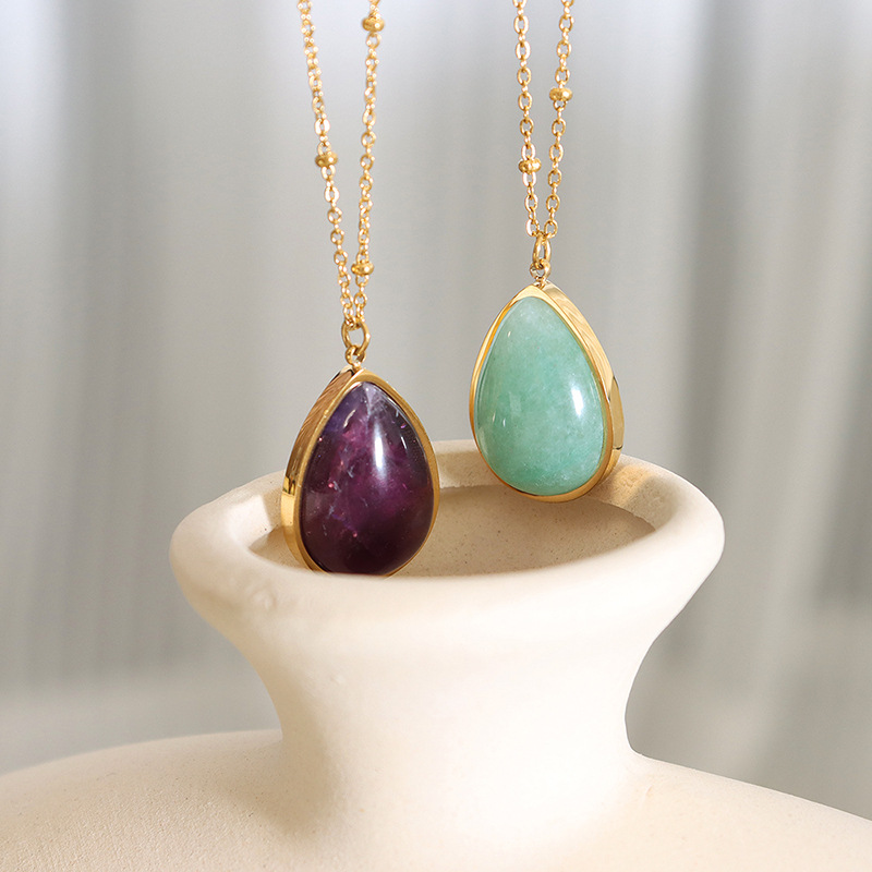 Korean Style Natural Stone Water Drop Oval Pendant Choker Necklace 18K PVD Gold Plated Titanium Steel Jewelry Wholesale - Image 2