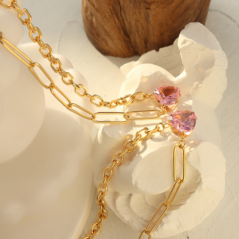 Korean New Trend Sweet Girl Pink Zircon Heart Pendant Necklace Fashionable Design Choker Necklace for Women - Image 3