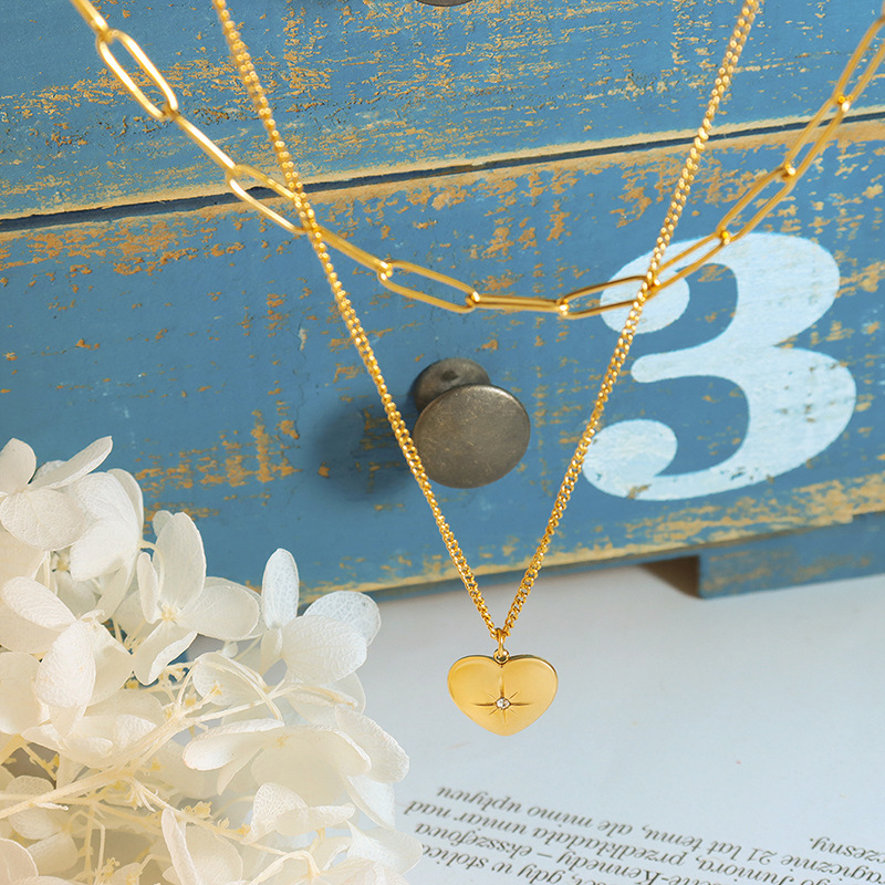European Jewelry Double Layered Heart Star Pendant Necklace with Zircon 18K PVD Gold Plated Ins Style Choker - Image 4