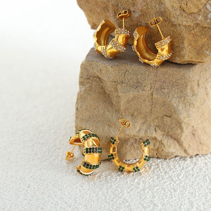 European new design titanium steel electroplated zircon C-shaped earrings vintage non-tarnish lightweight jewelry - Image 3