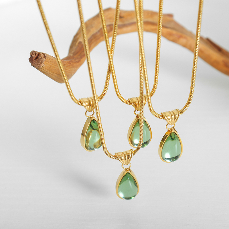 French Retro Olive Green Blue Teardrop Pendant Necklace Non-Fading Love Jewelry - Image 3