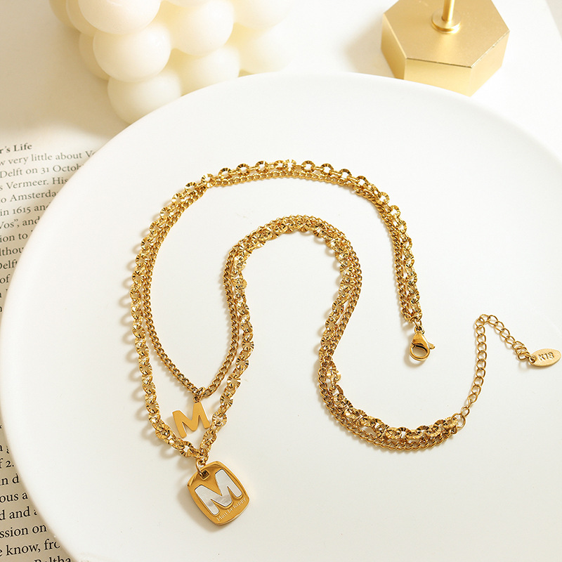 Trendy Style Korean Inspired Influencer Necklace Titanium Steel Gold Plated with White Shell Letter M Pendant Double Layered - Image 3