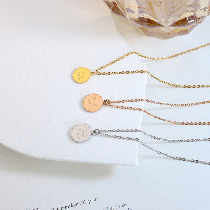 Little Lucky Corner of Love Wave Pattern Round Pendant Good Luck Letter Pendant Titanium Steel 18K PVD Gold Plated Necklace - Image 4