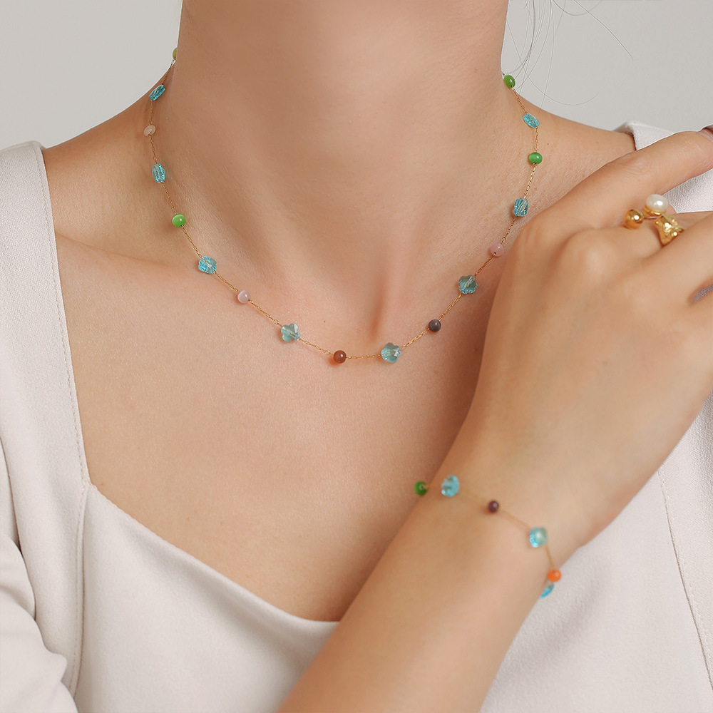 European Ins Style Multicolor Natural Stone Choker Necklace Bracelet Set Stainless Steel Handmade Dopamine Jewelry for Women - Image 3