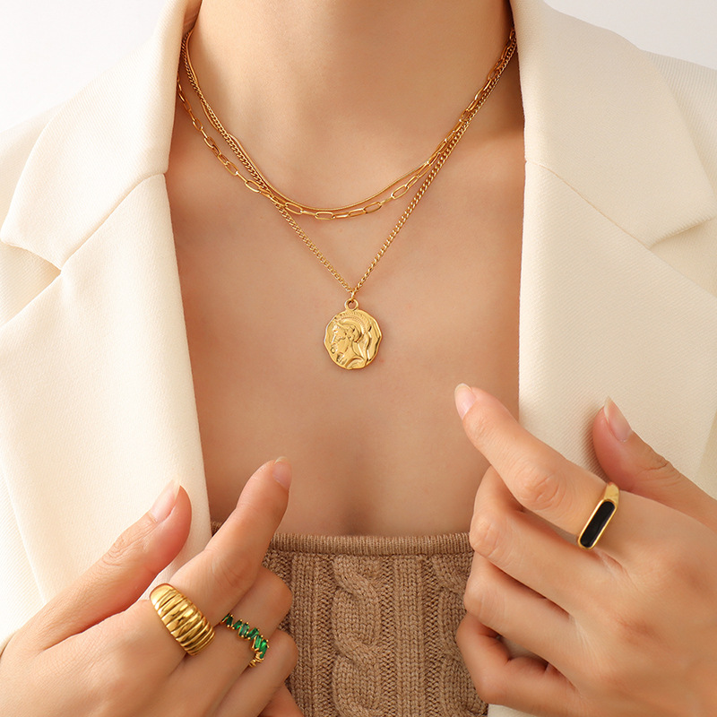 European Ins Style Exaggerated Hip-Hop Portrait Chain Pendant Multi-Layered Necklace Titanium Steel 18K PVD Gold Plated Choker - Image 3