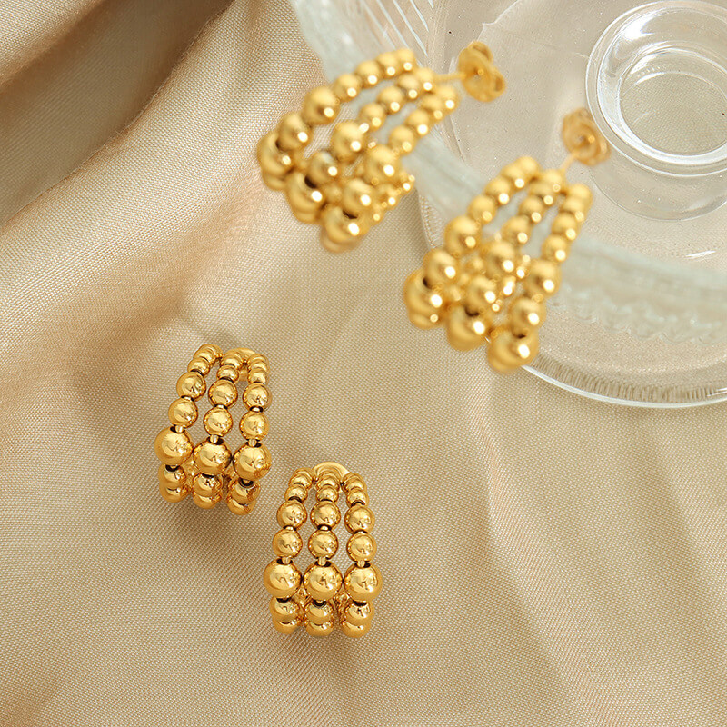 European C-shaped half-round triple-layer steel bead earrings titanium steel 18k PVD gold plated niche earrings - Image 3
