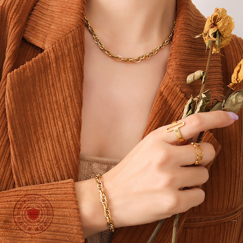 European Ins Style Chunky Chain Necklace Bracelet Stainless Steel Set Titanium Steel 18K PVD Gold Plated Jewelry - Image 5