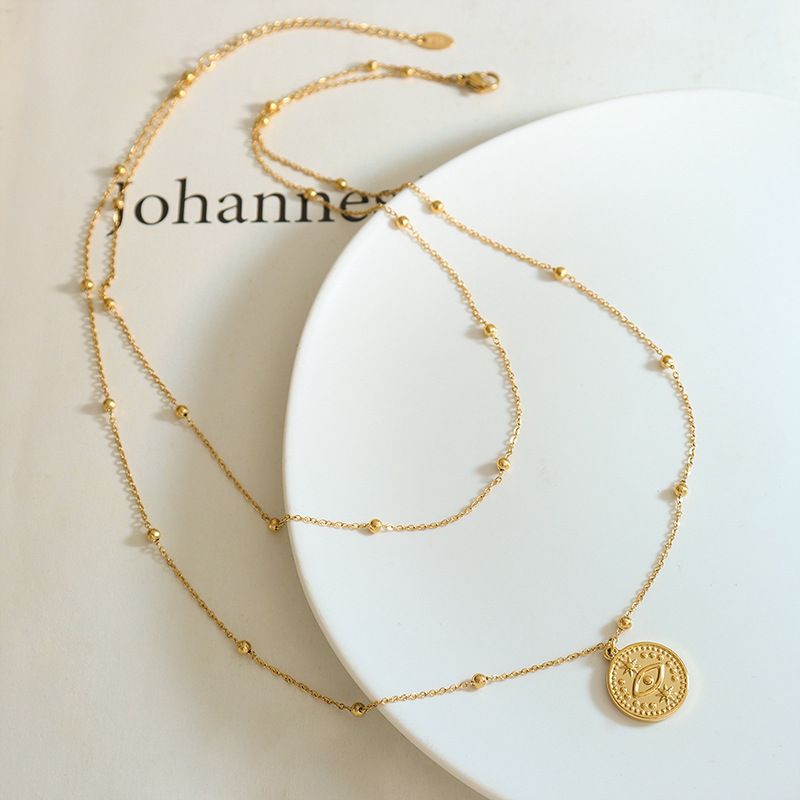 French Retro Pendant Necklace Bead Necklace Sexy Girl Accessories 18K PVD Gold Plated Single Eye Double Layer Necklace - Image 3