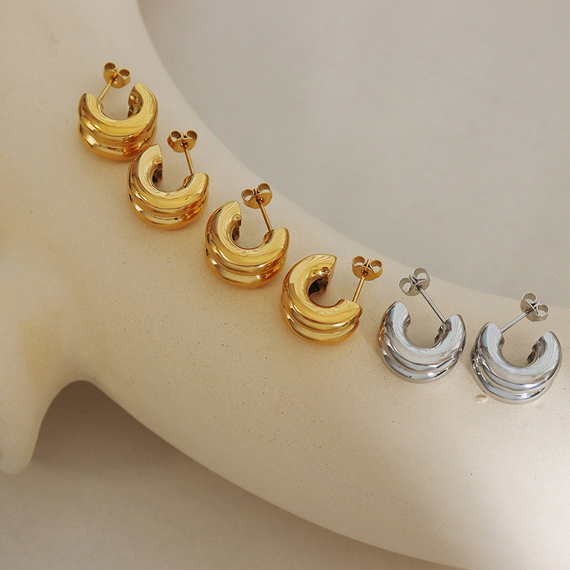 Double Layer C Shaped Half Hoop Earrings 18K Gold PVD Plated Stainless Steel Minimalist Vintage Style - Image 4
