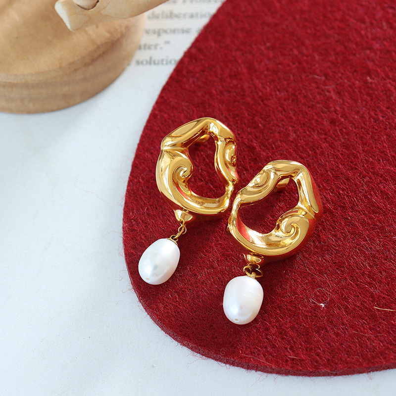 French Vintage Lava Hollow Earrings with Freshwater Pearl 18K Gold PVD Plated Stainless Steel Jewelry - Image 2