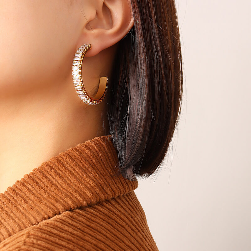 French Minimalist Exaggerated C Shaped Zircon Earrings 18K Gold PVD Plated Stainless Steel Vintage Style - Image 5