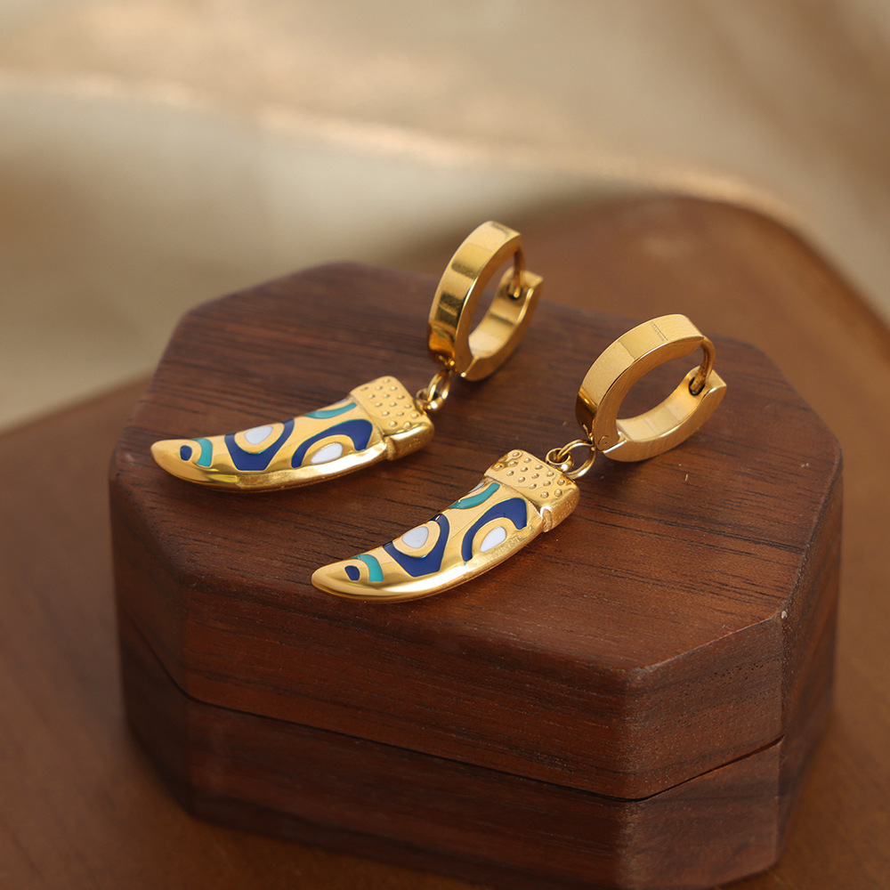 European cross-border new vintage ethnic titanium steel 18k PVD gold plated creative geometric enamel earrings - Image 2