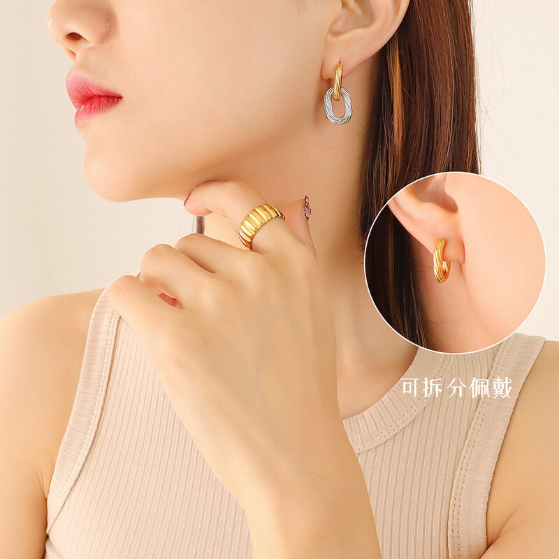 European INS Style Textured Handmade Oval Hoop Earrings 18K Gold PVD Plated Stainless Steel - Image 3