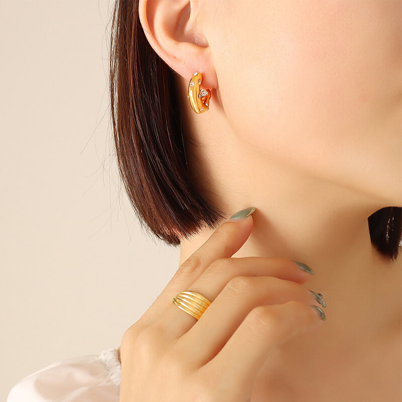 European Hot Selling Simulated Pearl Zircon C Shaped Earrings 18K Gold Plated Stainless Steel Vintage Jewelry - Image 8
