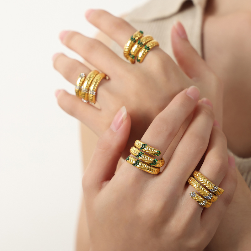 European American Fashion Retro Titanium Steel Gold Plated Multi-Color CZ Multi-Layer Textured Open Ring for Women - Image 2