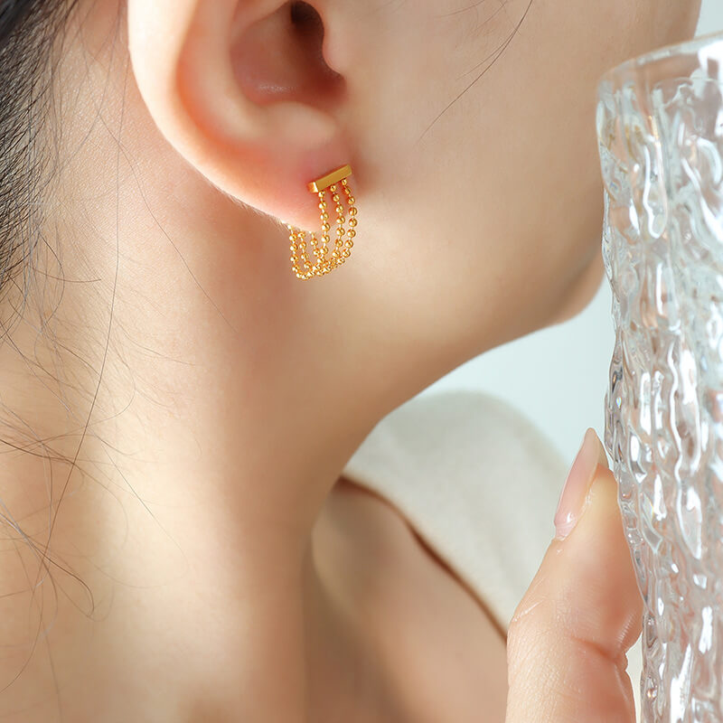 Cross-border hot-selling triple bead tassel earrings titanium steel 18k PVD gold plated trendy niche jewelry wholesale - Image 3