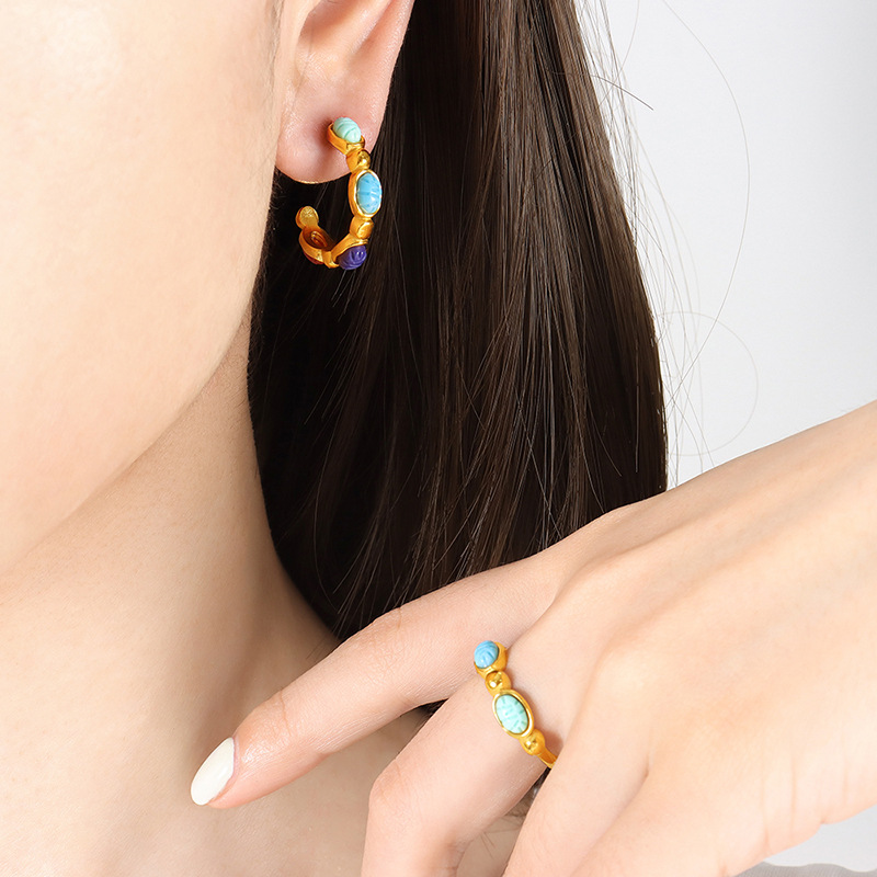 New Retro Bold Creative Design Ring and Earrings Set Titanium Steel 18K PVD Gold Plated Jewelry for Women Wholesale - Image 8