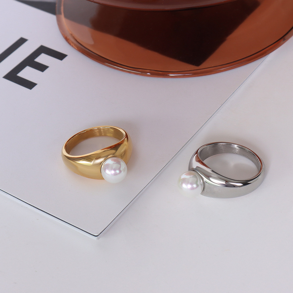French Ins Style Small Designer Imitation Pearl Ring Titanium Steel 18K PVD Gold Plated Stackable Finger Ring for Women - Image 3