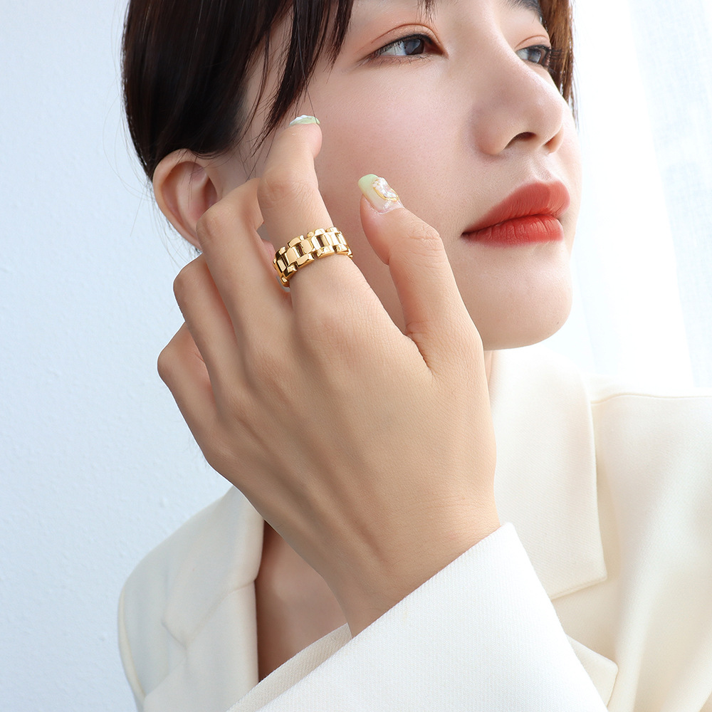 New Chic Heavy Duty Watch Chain Ring for Women Food Finger Ring Titanium Steel 18K PVD Gold Plated Waterproof Non-Fading - Image 4
